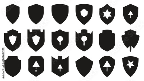 Download a high-quality set of flat silhouette icons of protective shields perfect for websites, user interfaces, infographics, and graphic design projects requiring secure imagery