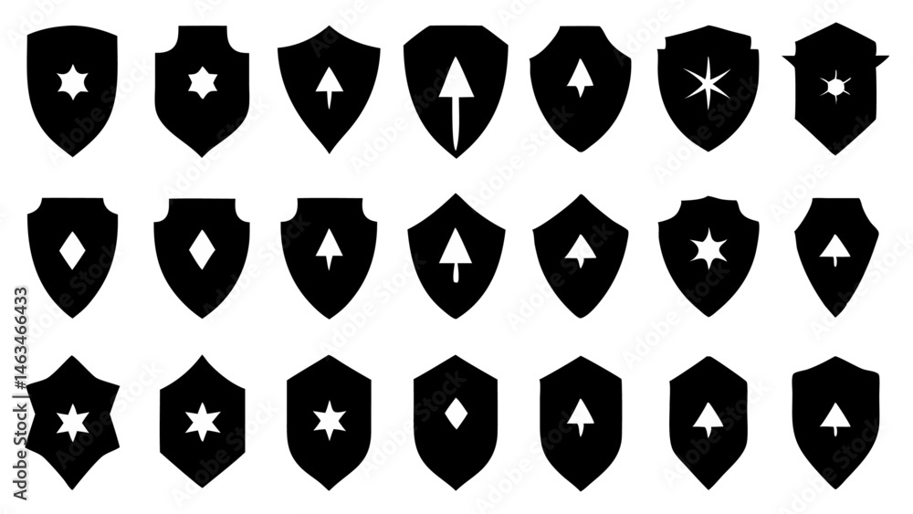 A curated collection of flat silhouette icons featuring protective shields suitable for security websites, digital product UI, and modern tech branding A curated collection of flat silhouette icons featuring protective shields suitable for security websites, digital product UI, and modern tech branding