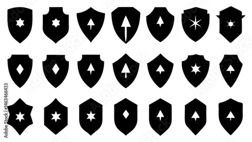 A curated collection of flat silhouette icons featuring protective shields suitable for security websites, digital product UI, and modern tech branding