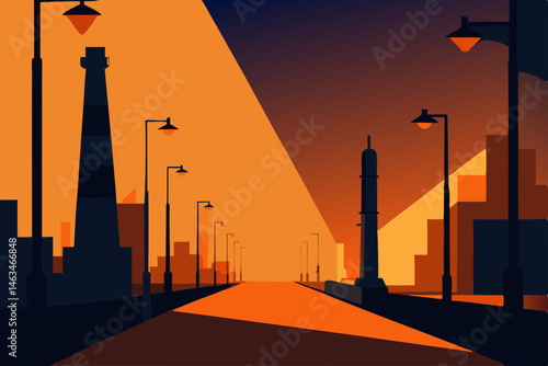 industrial zone lit by harsh orange sodium lights 