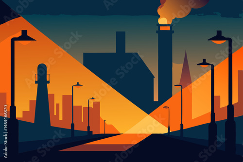 industrial zone lit by harsh orange sodium lights 