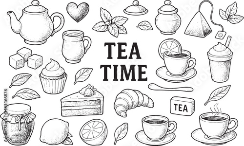 A hand-drawn black-and-white illustration of a tea time set with teapots, cups, pastries, and tea bags, labeled "TEA TIME." Ideal for cafe designs, kitchen decor, or beverage branding