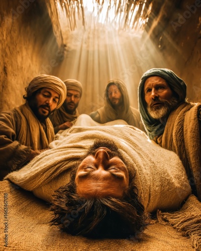 Four men lowering their paralyzed friend through a roof into a crowded house so that Jesus can heal him.