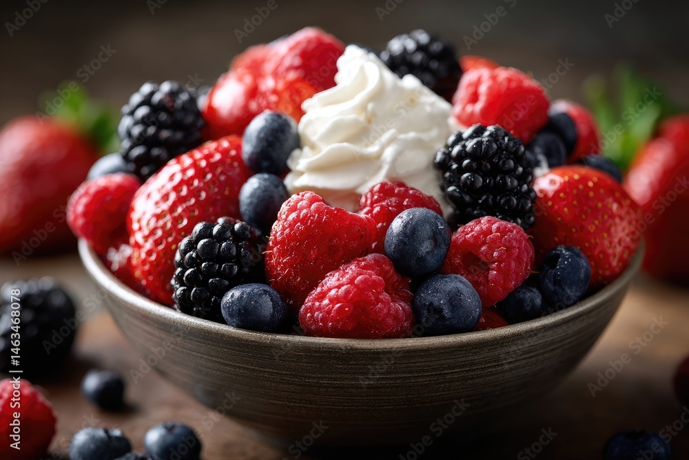 Delicious assortment of fresh berries and whipped cream in a bowl. Delicious assortment of fresh berries and whipped cream in a bowl.