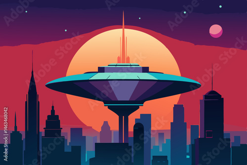 interstellar ship docked over a neon city 