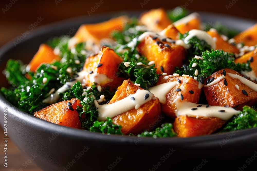 Roasted sweet potato and kale salad in a dark bowl. Roasted sweet potato and kale salad in a dark bowl.