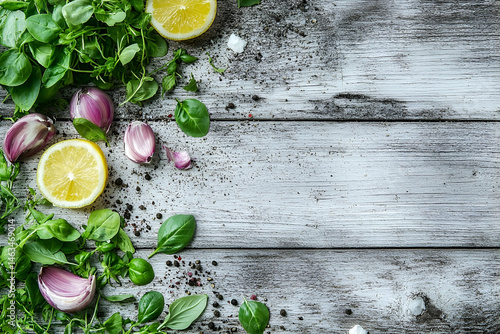 Fresh Herbs Lemons Garlic on Rustic Wooden Background