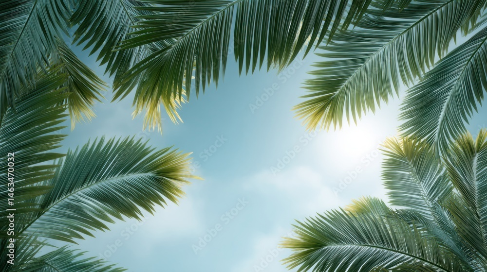 Looking up through massive tropical palm leaves toward a bright cyan sky, warm sunlight casting crisp shadows on the fronds Looking up through massive tropical palm leaves toward a bright cyan sky, warm sunlight casting crisp shadows on the fronds