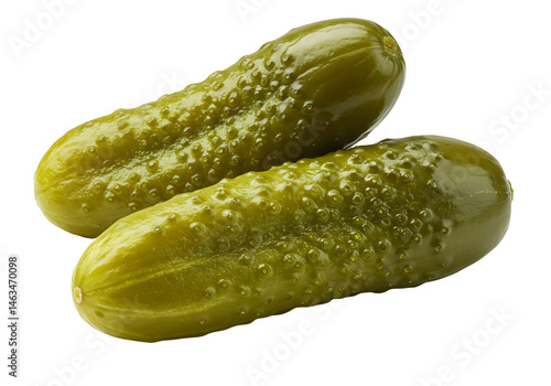 Two fresh pickled cucumbers with a glossy texture, detailed bumps, and vibrant green color isolated on transparent background.

