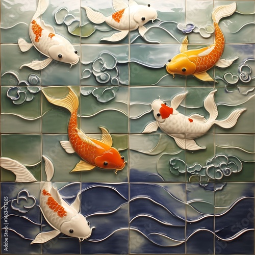 Vibrant Koi Fish Wall Mural on Handmade Ceramic Tiles: Ornamental Asian Decor with Blue Green Water Motifs and Traditional Design for Home Interiors