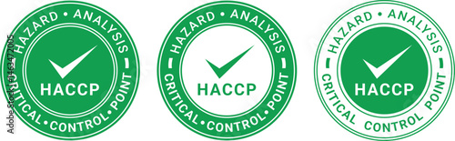 set of green HACCP certified badges with checkmark and hazard analysis text, used for food safety, control, and quality verification labels	