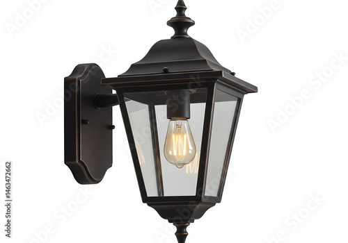 Vintage black wall lantern with glowing bulb and glass panels, featuring an ornate domed top, ideal for elegant outdoor lighting isolated on white or transparent background. PNG