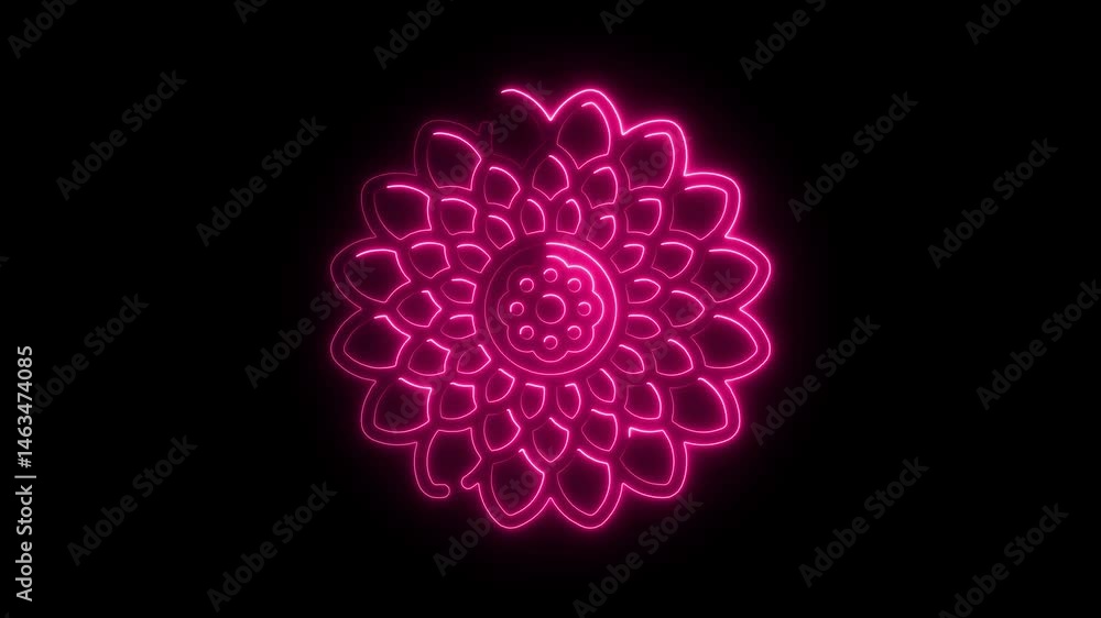 Glowing neon flower design in pink on black background abstract floral animation