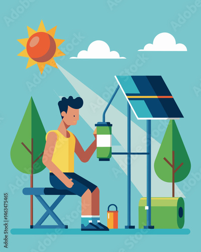 Taking a break to recharge at the solarpowered water refill station between sets at the fitness park.. Vector illustration