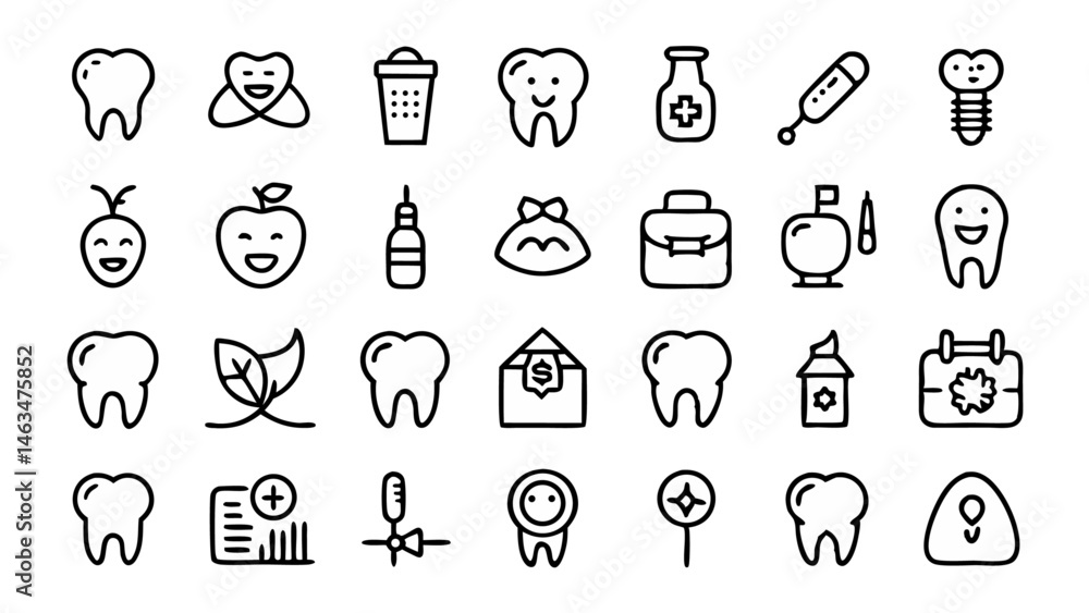 Dental care line icons in a clean linear style great for clinics health apps and websites featuring tools teeth hygiene and professional dental symbols Dental care line icons in a clean linear style great for clinics health apps and websites featuring tools teeth hygiene and professional dental symbols