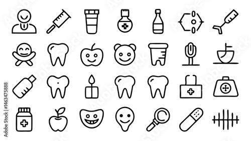 Comprehensive set of dentistry line icons in a clean linear outline perfect for dental websites applications or marketing related to oral care services