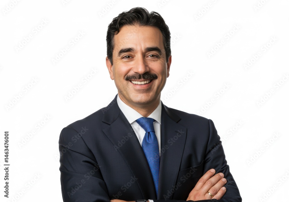 Portrait of a man in a suit with a mustache smiling at the camera isolated on white background Portrait of a man in a suit with a mustache smiling at the camera isolated on white background