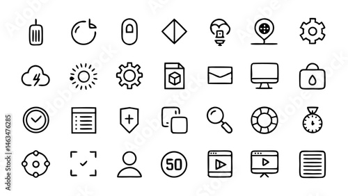 Modern linear style user interface line icons perfect for web applications dashboards and software development featuring minimalistic and professional design