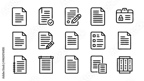 Professional document themed line icon set in linear style suitable for paperwork processing forms reports digital archives and office automation solutions