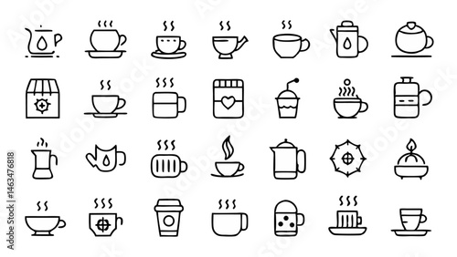 Elegant line icon collection featuring tea and hot beverage elements in a minimalist style perfect for modern UI design and lifestyle themed creative projects