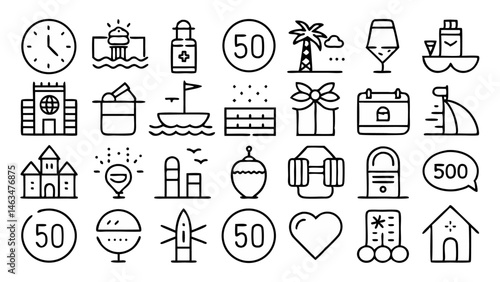 Minimalist line icon collection focused on travel and tourism essentials including luggage maps and transport symbols perfect for apps and promotional materials