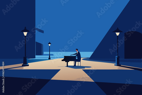 lone pianist playing in a lit up plaza at night