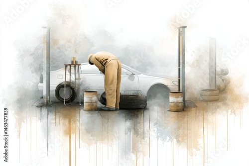 Watercolor painting of a car mechanics changing tire at auto repair shop garage.