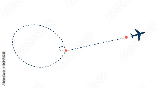 Graphical artwork illustrating the full flight path of an airplane from its takeoff point featuring accurate movement lines and design for use in navigation infographics