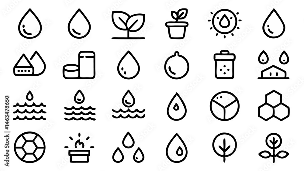 Fototapeta premium Line Icon Set Featuring Water Drop for Eco-Friendly Balance and Cleanliness