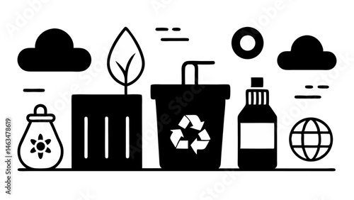 Line Icon Set for Waste and Garbage Sorting Representing Recycling Initiatives