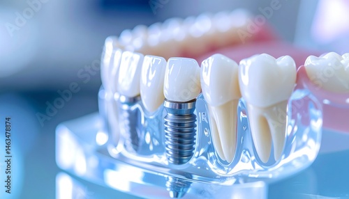 A close-up of a dental implant model showcasing realistic teeth and an implant fixture against a blurred background