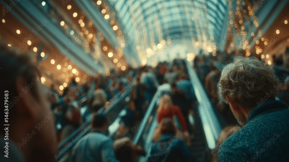Fototapeta premium Crowded Escalator in a Modern Shopping Mall with Festive Lights and Busy Atmosphere