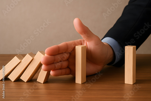 Preventing Domino Effect: A hand in a business suit intervenes to stop a line of falling dominoes, symbolizing crisis aversion and proactive risk management.