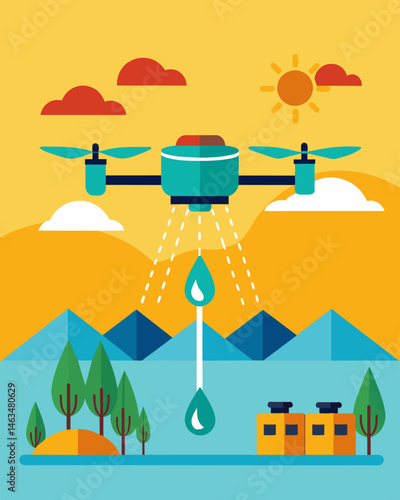 In a droughtprone area solarpowered drones were deployed to monitor water usage and provide valuable insights on how to conserve this scarce resource for farming.. Vector illustration