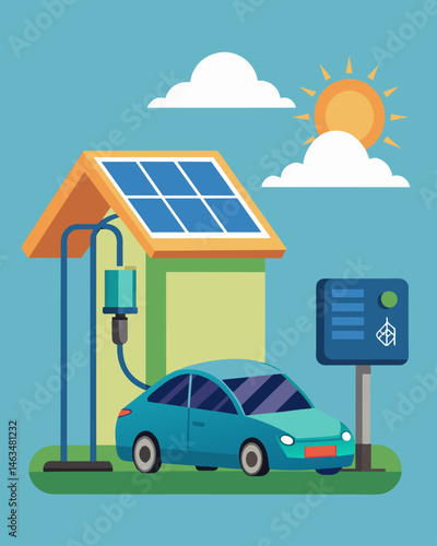 The solar panels of the charging station are made of durable and sustainable materials making it a longlasting and ecofriendly solution for electric car charging.. Vector illustration