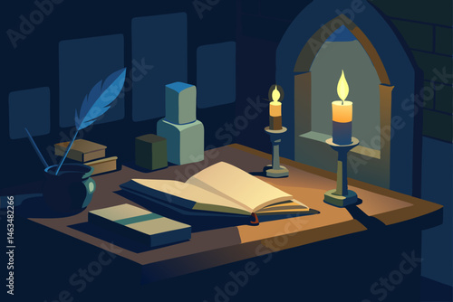 medieval scribe s study with candlelight and parch 