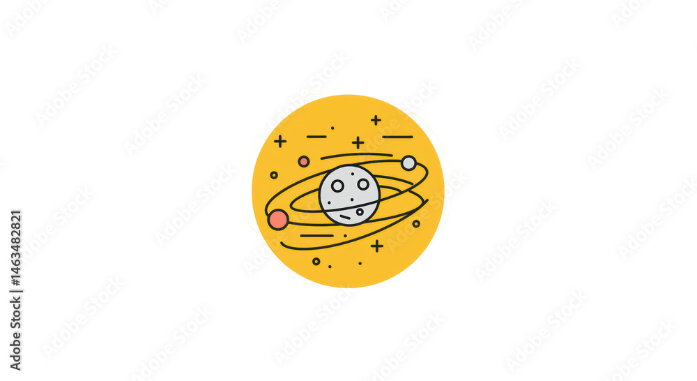 Fototapeta premium Solar System Icon: Yellow Circle with Planet and Orbiting Satellites