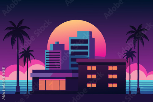 miami beachside buildings glowing in pastel neon 