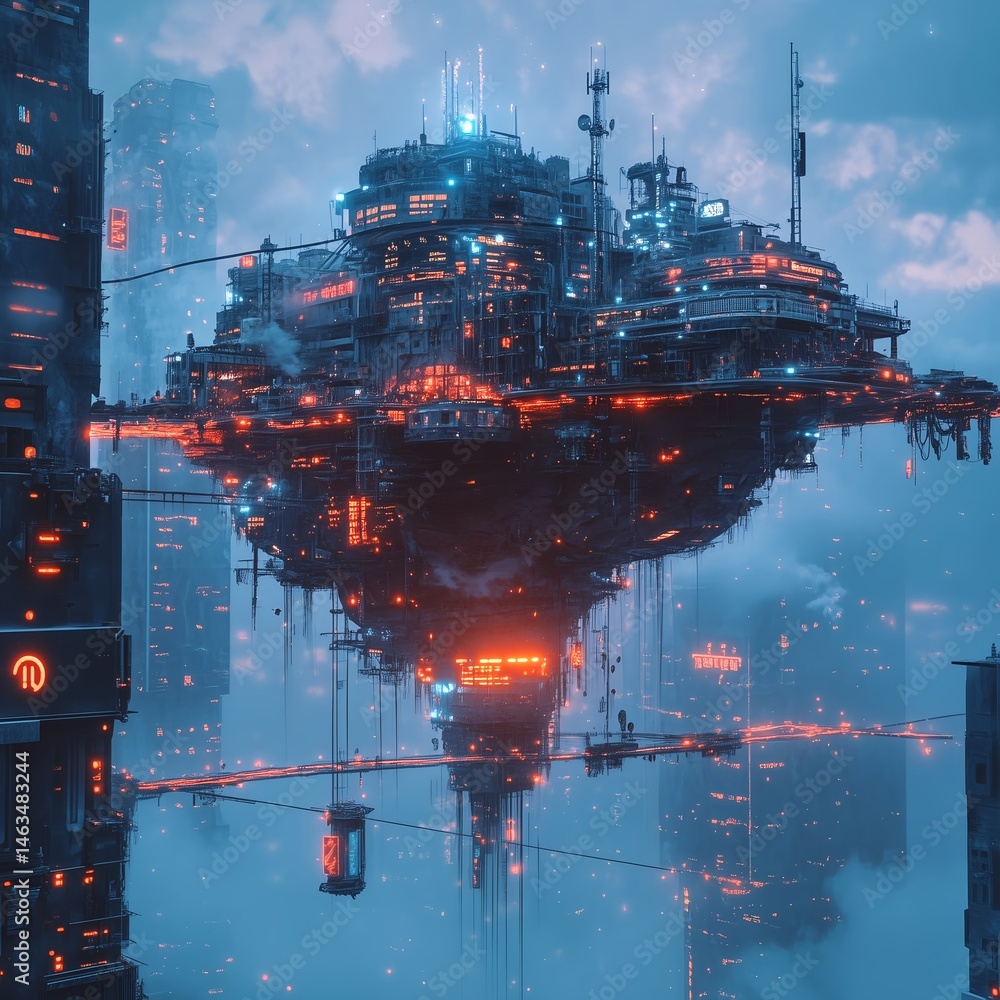 Fototapeta premium Futuristic Sci-Fi Cityscape at Night: Neon-Lit Urban Landscape Illustration with Hovering Technology