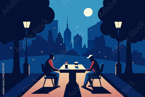 midnight chess match at a glowing table 