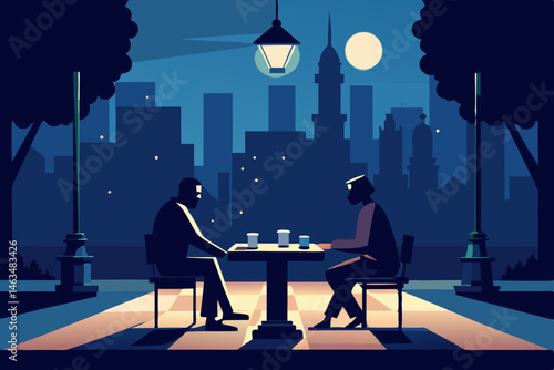 midnight chess match at a glowing table 