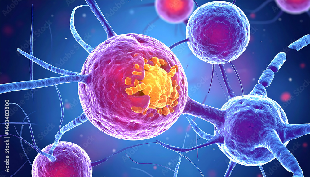 Microscopic View: Virus Infecting Neuron Cell – 3D Medical Illustration Microscopic View: Virus Infecting Neuron Cell – 3D Medical Illustration