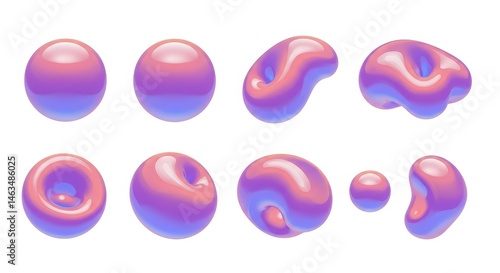 Abstract Purple and Pink 3D Shapes Collection - Set of eight iridescent, abstract 3D shapes in shades of pink and purple, perfect for design projects