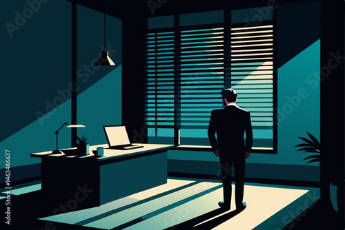 moody noir office with shadows  blinds  and dramat