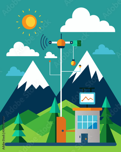 High in the mountains a solarpowered weather station collects data on temperature and precipitation helping scientists understand the effects of climate change on wildlife. Vector illustration
