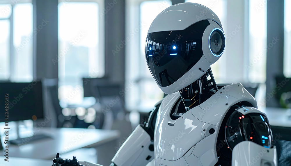 Futuristic White Robot in Modern Office: AI and Automation Futuristic White Robot in Modern Office: AI and Automation