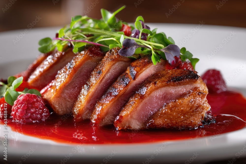 Sliced duck breast with raspberry sauce and greens on a white plate. Sliced duck breast with raspberry sauce and greens on a white plate.