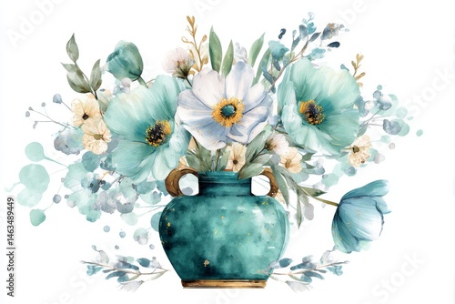 Watercolor teal vase with flowers.