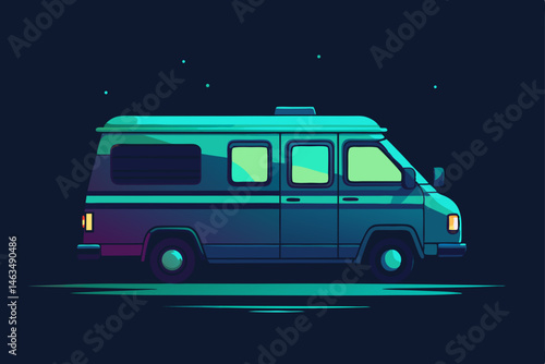 mysterious van covered in neon symbols parked 