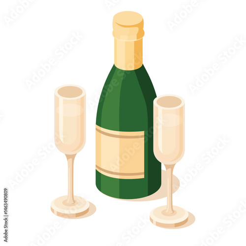 Isometric champagne bottle with two glasses. Web icon. Objects isolated on white background. Festive party beverage. Christmas or birthday celebration alcohol.